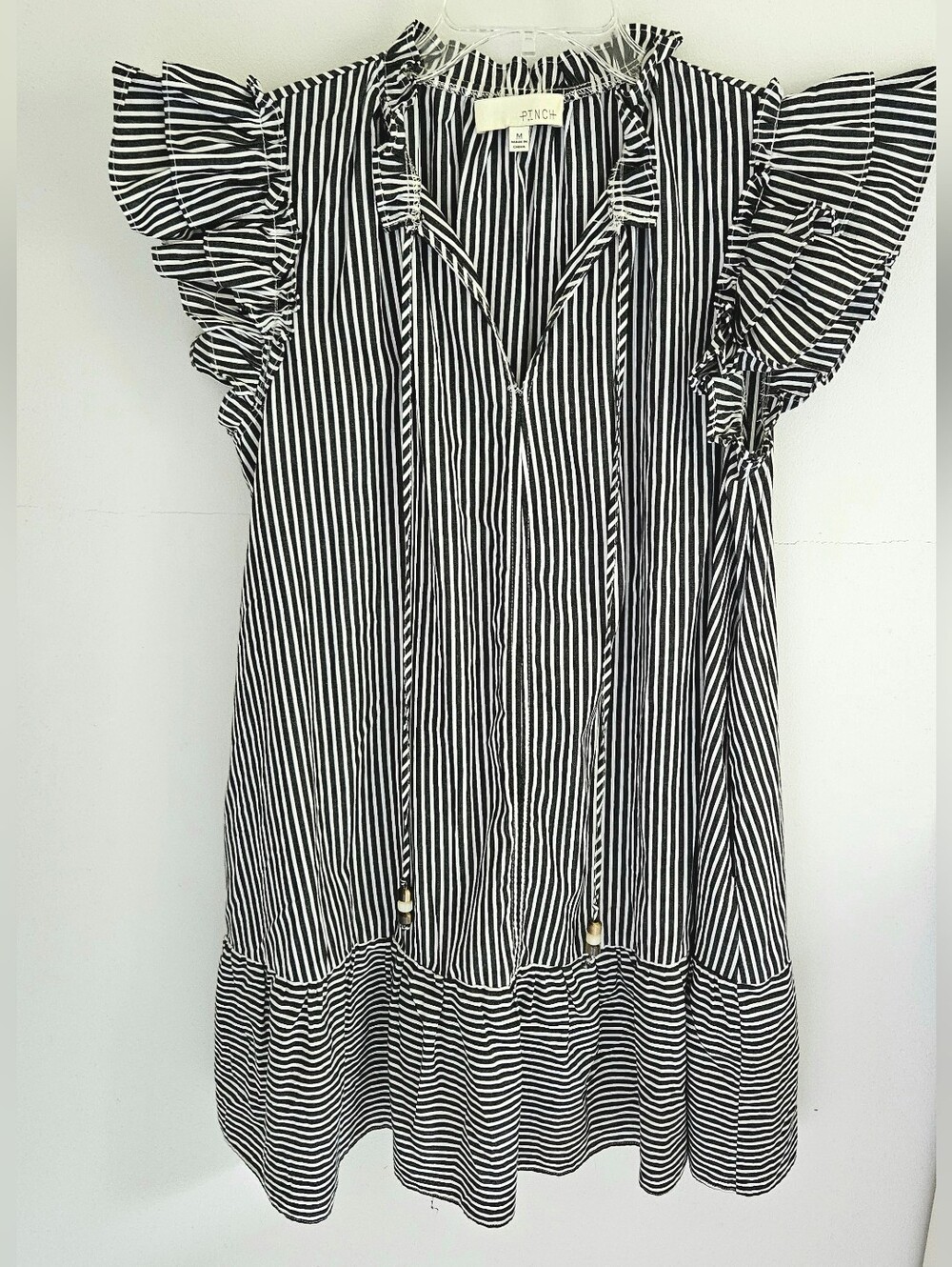 Pinch Dress Black White Stripe Ruffle Sleeve